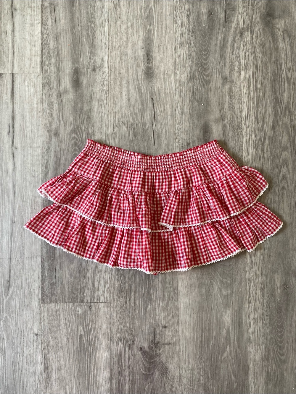 Urban Outfitters Kimchi Blue Red Gingham Tiered Ruffle Mini Skort